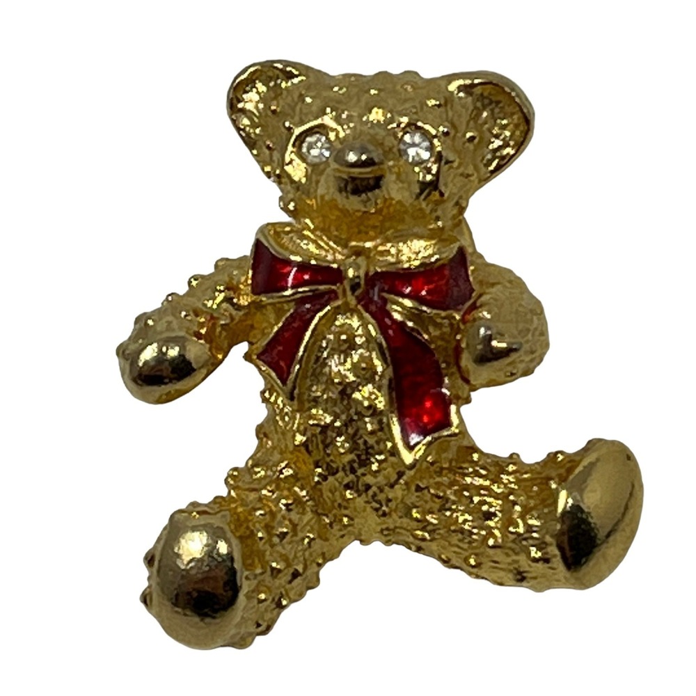 Vintage Teddy Bear Pin Holiday Red Bow Gold Tone Textured Finish Tie Tack